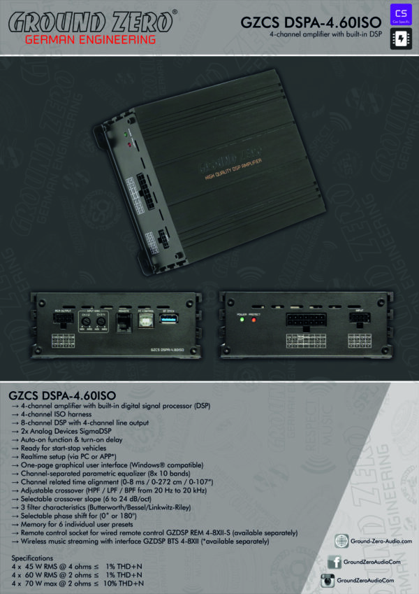 Ground Zero GZCS DSPA-4.60ISO 280W 4 Channel DSP Amplifier